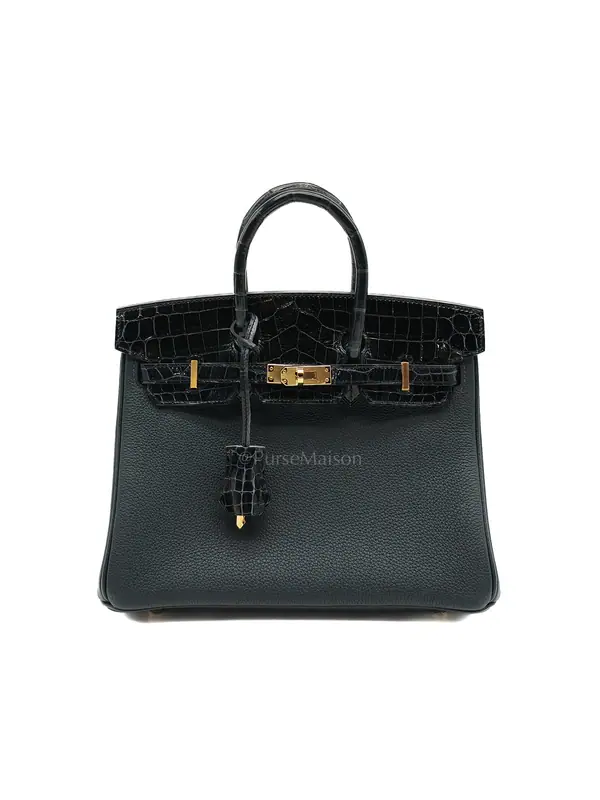 Hermes Birkin 25 Vert Rousseau Togo Leather & Croc Touch Gold Hardware Stamp Y(2020)
