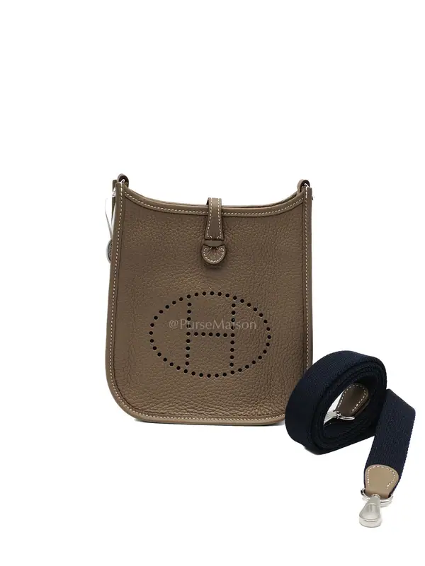 Hermes Evelyne 16 Amazone in Etoupe Clemence Leather with Navy Blue Strap Palladium Hardware Stamp K(2025)