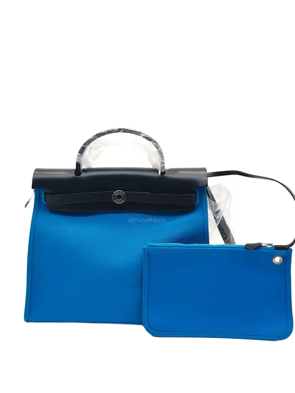 Hermes Herbag Zip 31 in Bleu Indigo Vache Hunter and Bleu Zanzibar Toile Canvas Palladium Hardware Stamp A (2017)