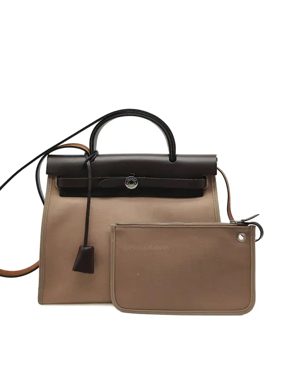 Hermes Herbag Zip 31 in Ebene Leather & Etoupe Canvas Palladium Hardware Stamp T(2015)