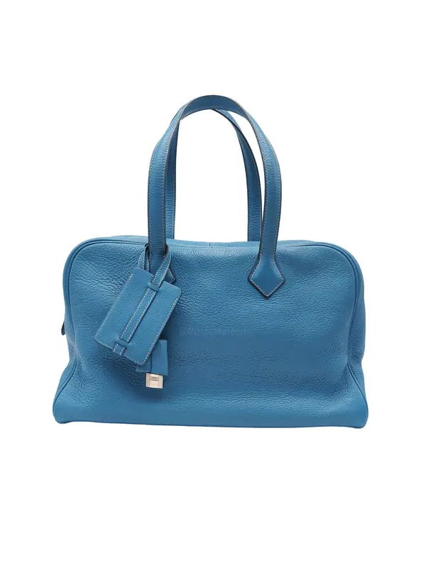 Hermes Victoria ll 35 Bag in Blue Jean Clemence Leather and Palladium Hardware Stamp Square K (2007)