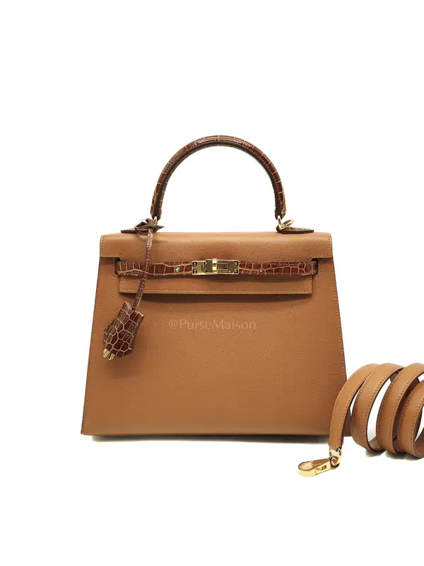 Hermes Kelly 25 Sellier in Gold Madame Leather and Shiny Croc Touch and Gold Hardware Stamp U (2022)