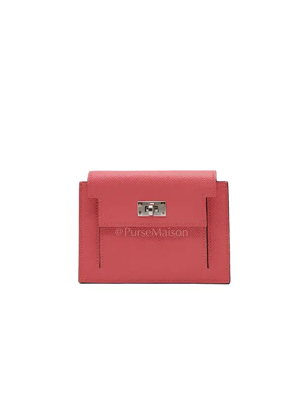 Hermes Kelly Pocket Compact Wallet Pink Epsom Leather in Palladium Hardware Stamp Y(2020)