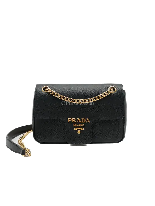 Prada 1BD193 Saffiano Black Pattina Flap Shoulder Bag